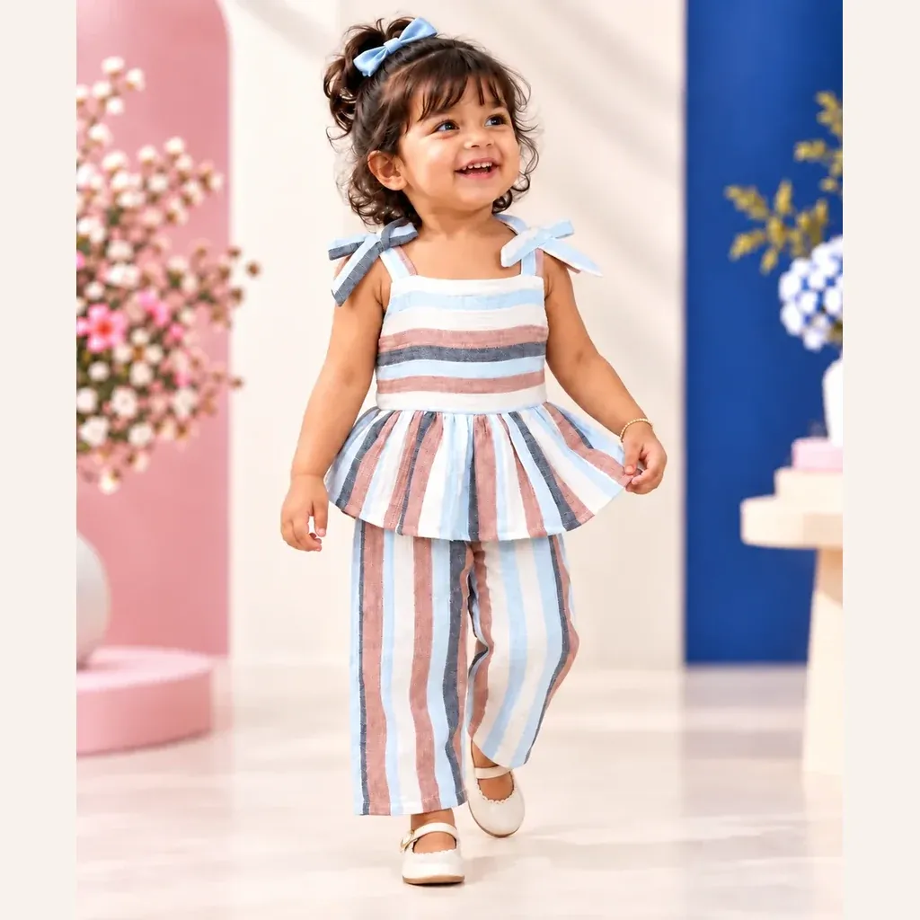 Canyon Stripes Muslin Cotton Co Ord Set For Girl Kids - Distine Athleisure