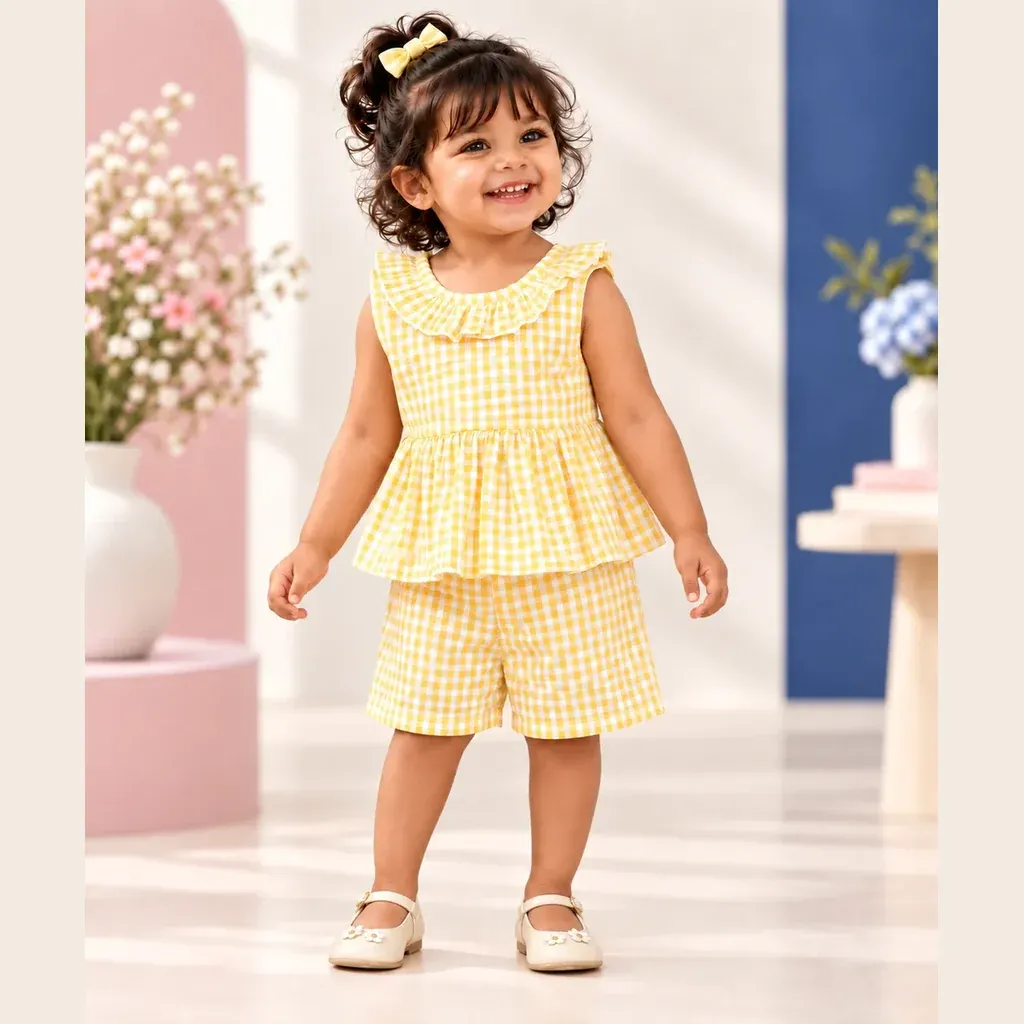 Sunshine Gingham Cotton Co-Ord Set for Girl Kids - Distine Athleisure